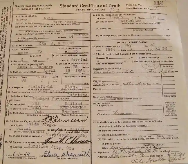 Ora Runcorn-certificate of death(1944)